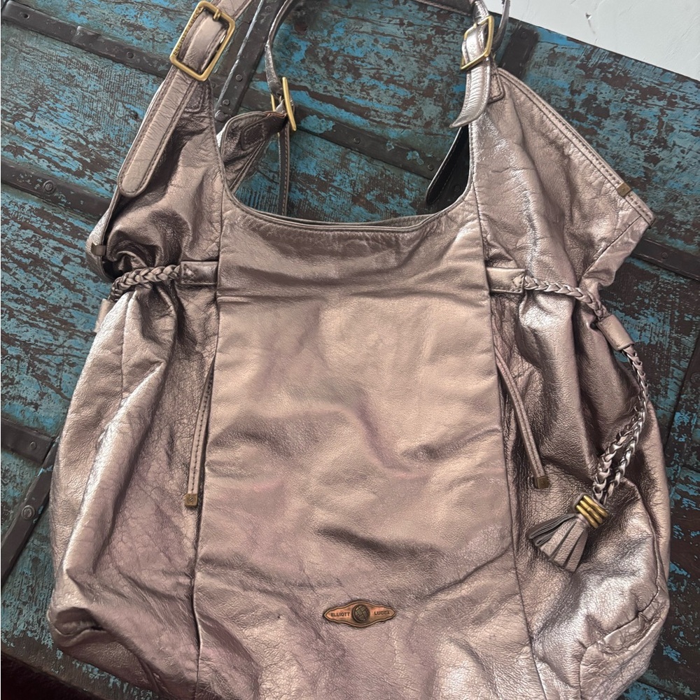 ELLIOT LUCCA Silver Metallic Hobo Bag with Braided Tassel